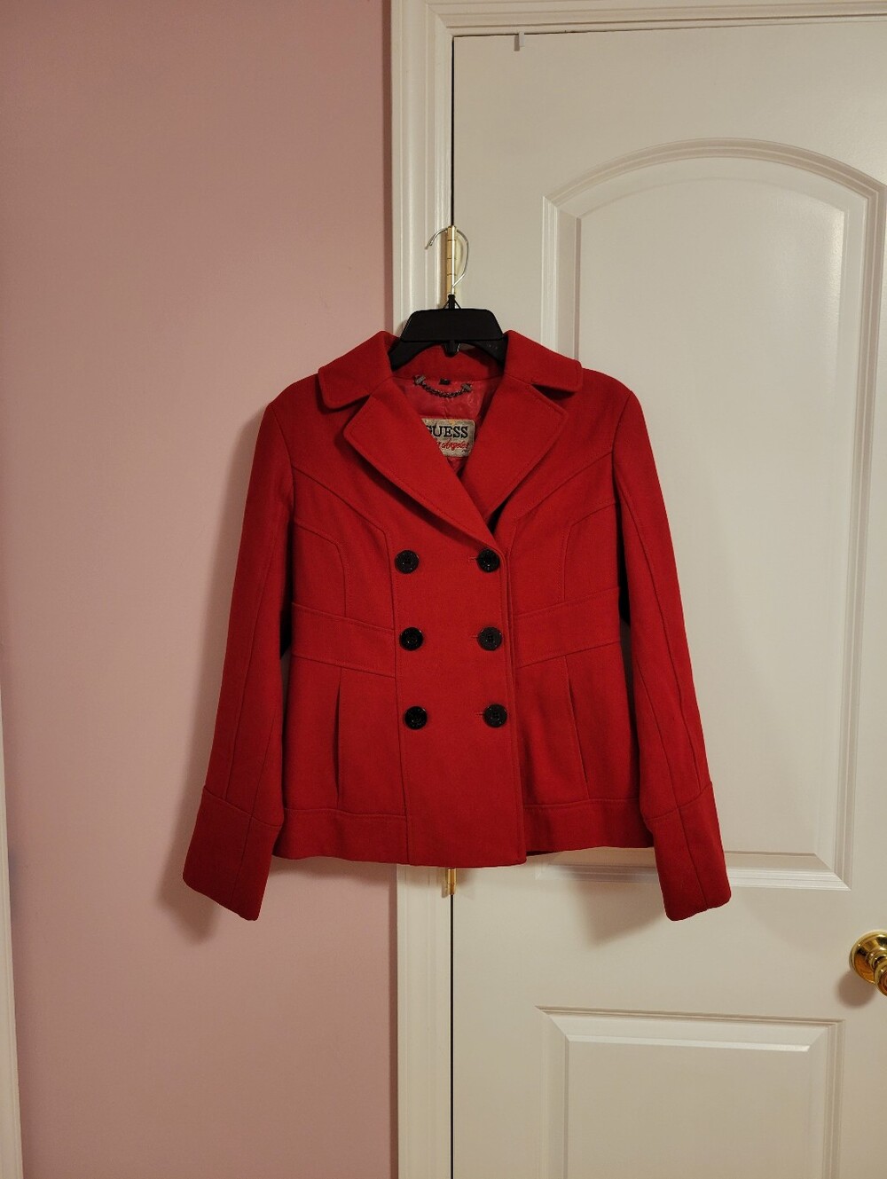 Vintage GUESS Los Angeles Red Double Breasted Wool Blend Peacoat Jacket- M